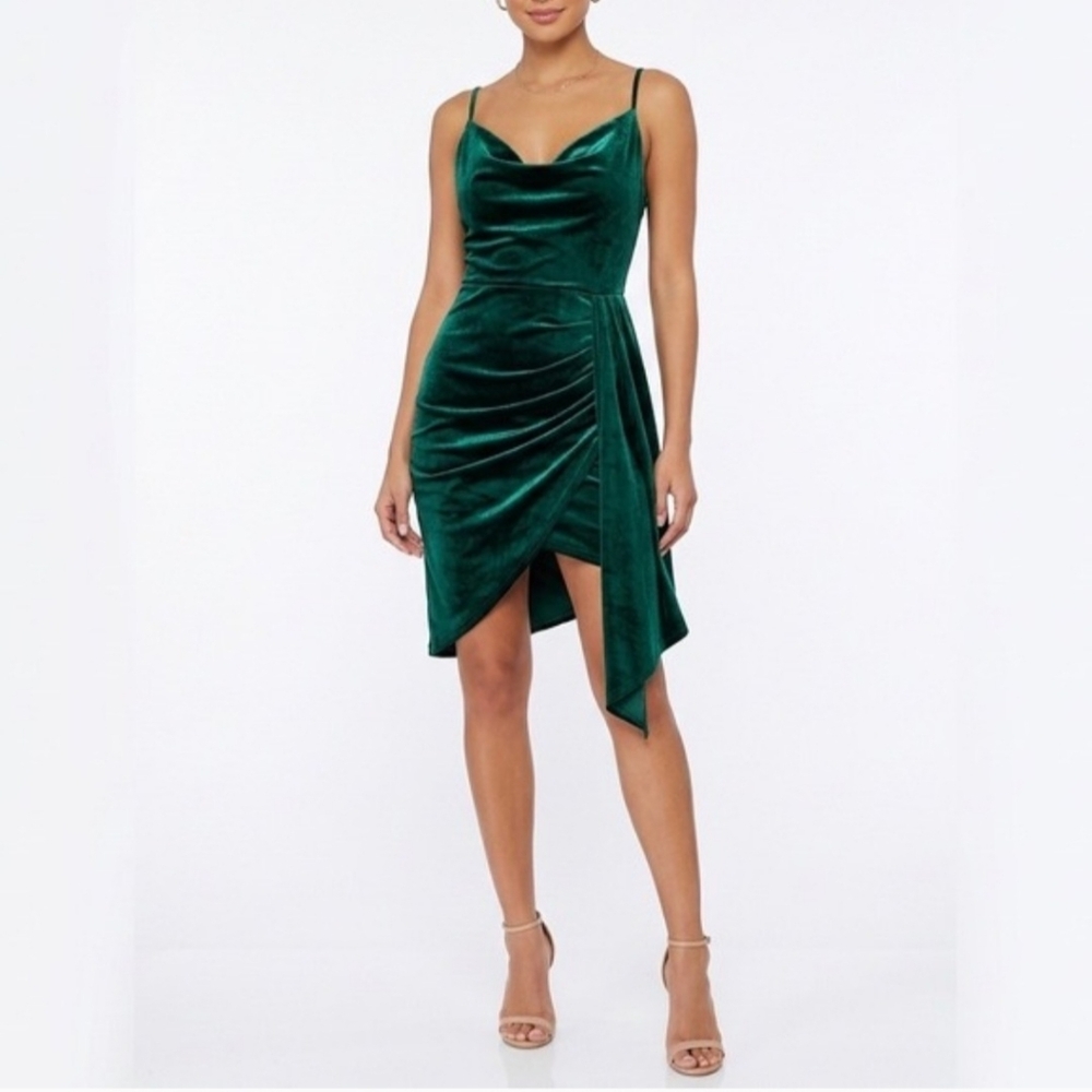 TFNC Emerald Green Velvet Cowl Draped Mini Dress